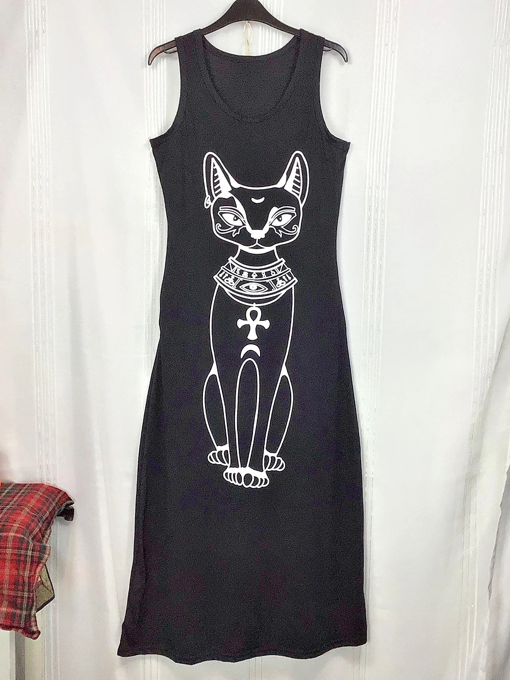 Black & White Cat Graphic Sleeveless with Pockets Maxi Dress
